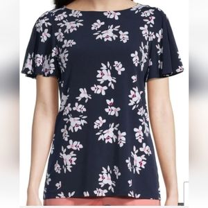 Liz Claiborne Shirt XXL Women Navy Blue Floral Short Sleeve Round Neck Blouse